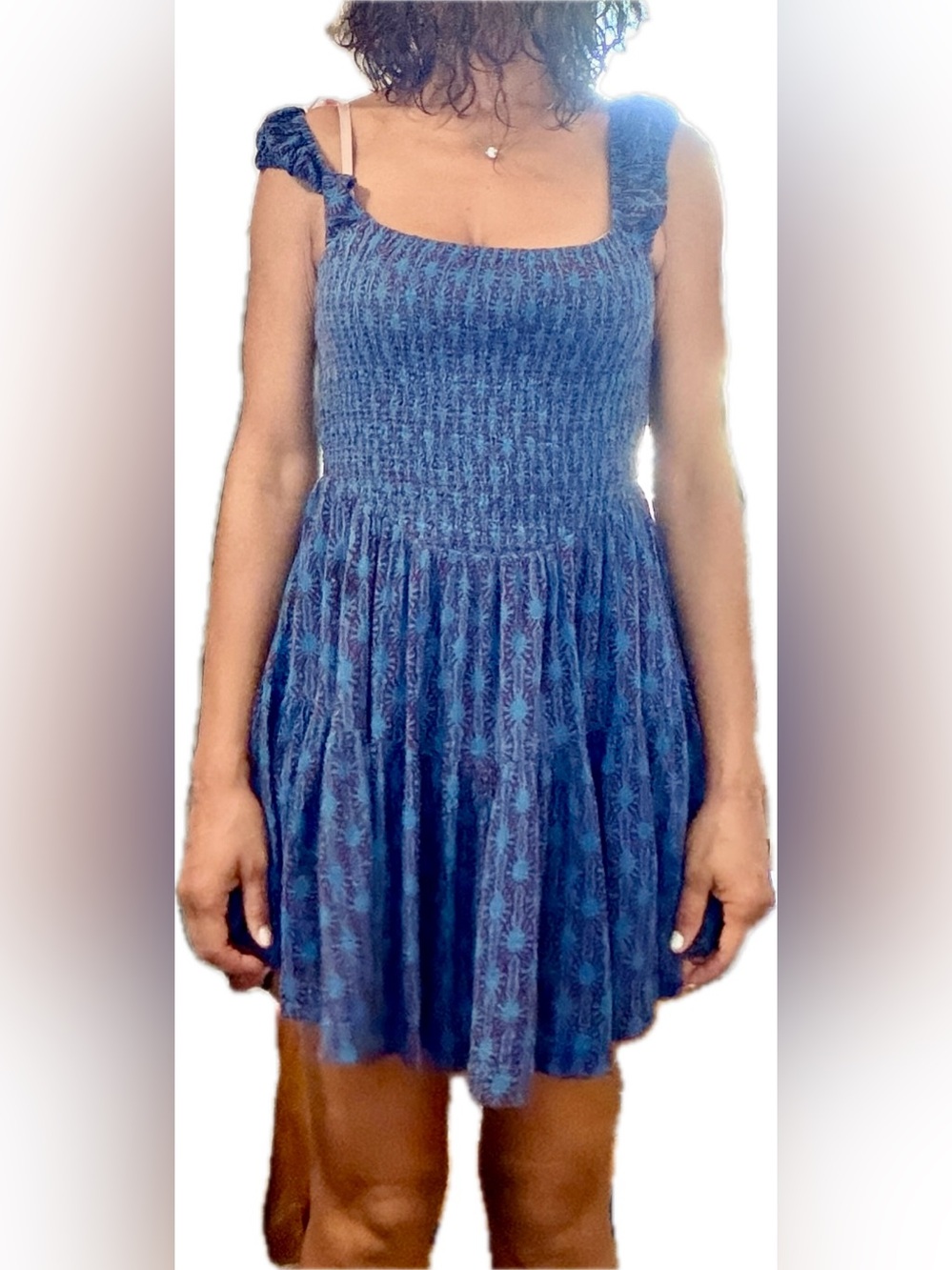 Free People Blue Smocked Sundress with Ruffle Straps